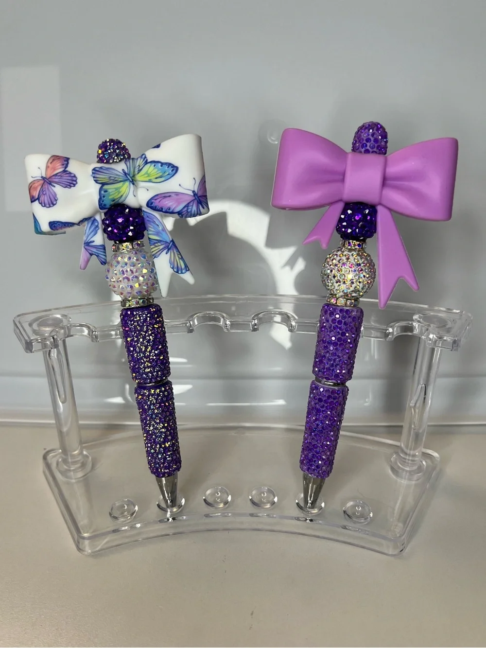 Set of Two Handmade Purple Bow Rhinestone Pens - Butterfly Accent